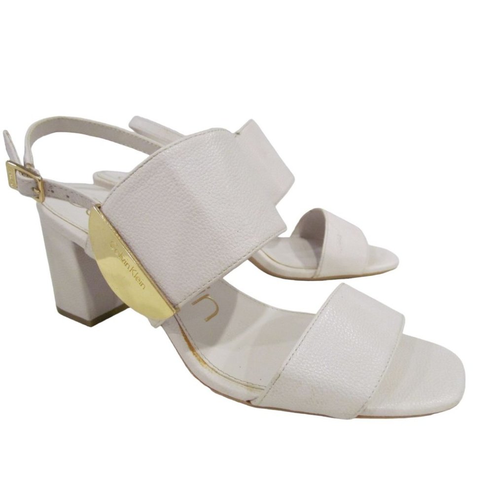 CALVIN KLEIN Womens Chia2 White Pebbled Open Toe Block Heel SANDALS / SHOES Sz 9